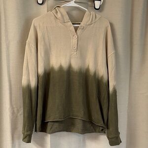 Two-Tone Olive and Cream Long Sleeve Hooded T-shirt